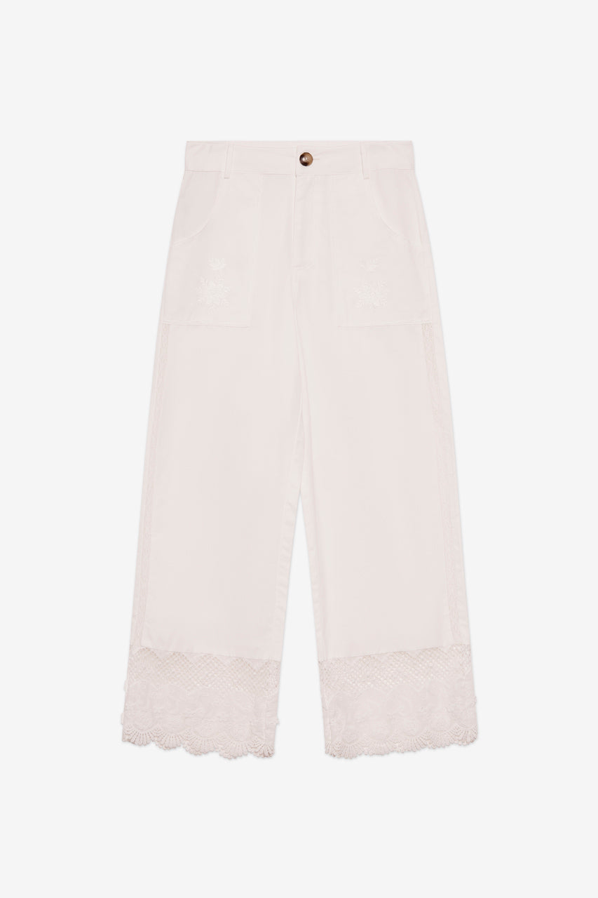 PANTALÓN RECTO BORDADO CON BLONDA - BLANCO