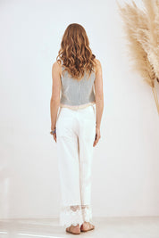 PANTALÓN RECTO BORDADO CON BLONDA - BLANCO