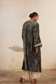 Long printed velvet kimono - green
