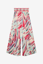 PRINTED FLOWY TROUSERS WITH CROCHET WAIST - TURQUOISE