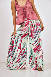 PRINTED FLOWY TROUSERS WITH CROCHET WAIST - TURQUOISE