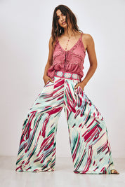 PRINTED FLOWY TROUSERS WITH CROCHET WAIST - TURQUOISE
