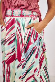 PRINTED FLOWY TROUSERS WITH CROCHET WAIST - TURQUOISE