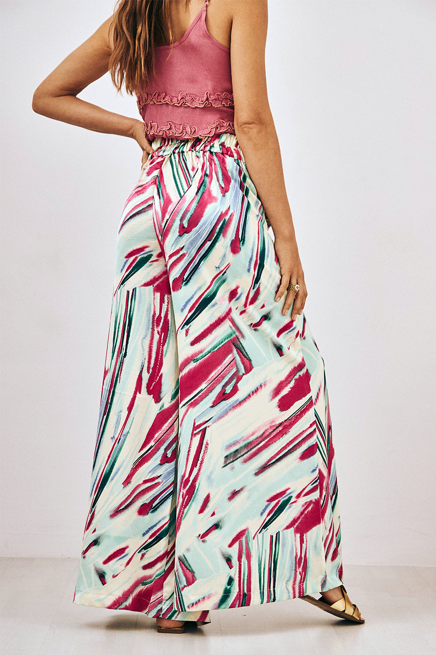 PRINTED FLOWY TROUSERS WITH CROCHET WAIST - TURQUOISE