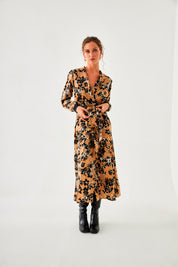 VESTIDO CRUZADO FLORAL - CAMEL