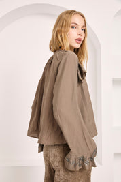 RUFFLED BLOUSE WITH JEWEL CUFFS - TAUPE - TAUPE