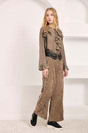 RUFFLED BLOUSE WITH JEWEL CUFFS - TAUPE - TAUPE