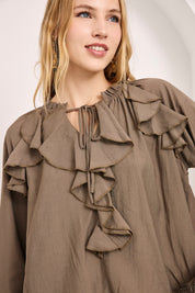 RUFFLED BLOUSE WITH JEWEL CUFFS - TAUPE - TAUPE