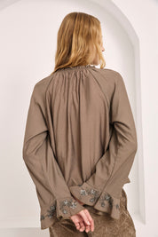 RUFFLED BLOUSE WITH JEWEL CUFFS - TAUPE - TAUPE