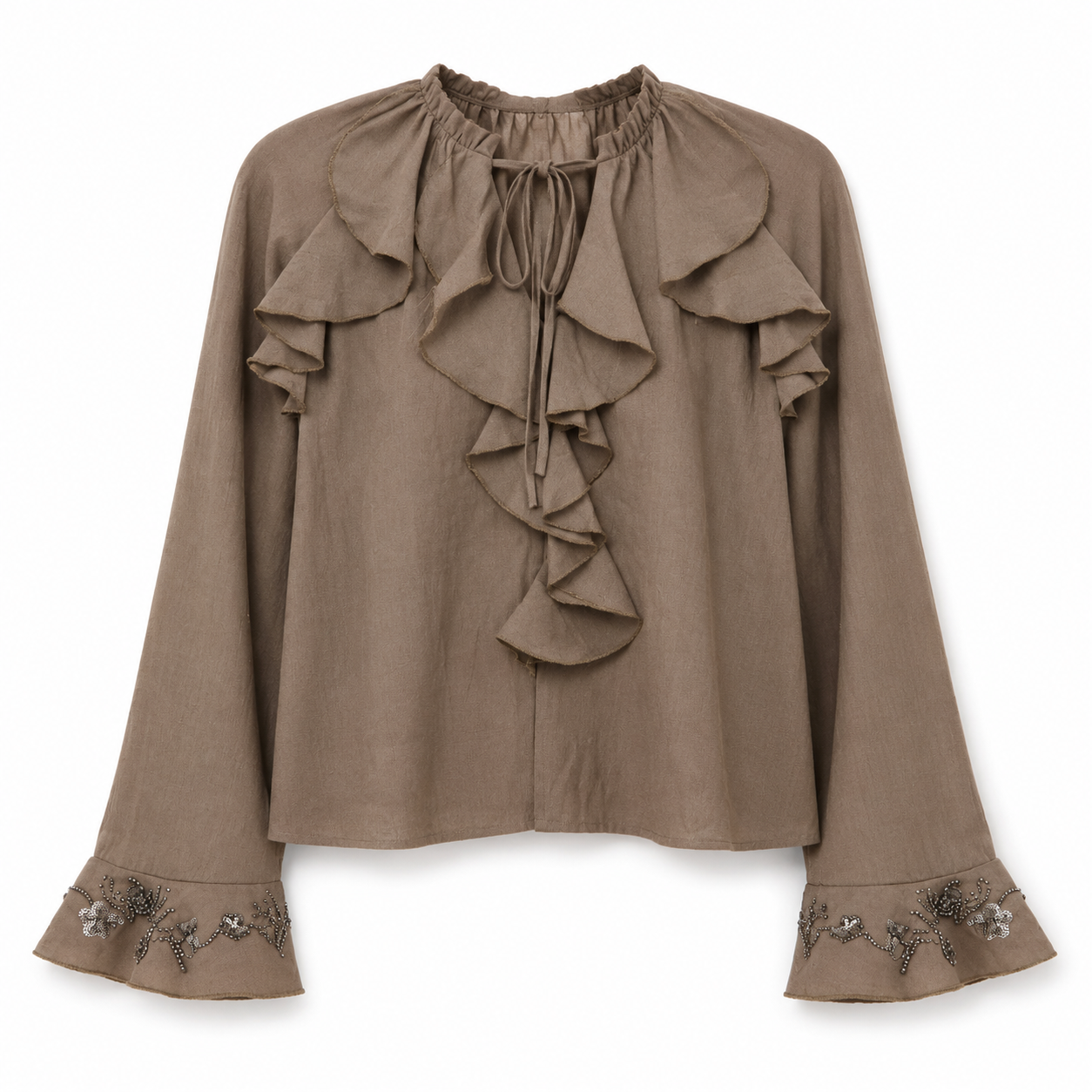 RUFFLED BLOUSE WITH JEWEL CUFFS - TAUPE - TAUPE