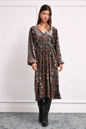 MULTICOLOR PRINTED VELVET DRESS - BLACK