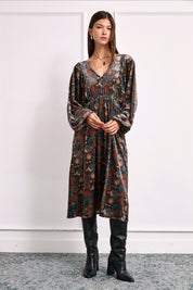MULTICOLOR PRINTED VELVET DRESS - BLACK