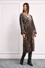 MULTICOLOR PRINTED VELVET DRESS - BLACK