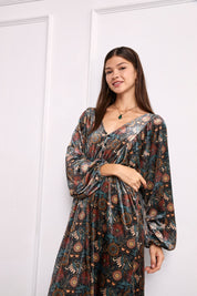 MULTICOLOR PRINTED VELVET DRESS - BLACK