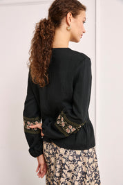 CONTRAST EMBROIDERED LINEN BLOUSE - BLACK