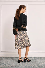 CONTRAST EMBROIDERED LINEN BLOUSE - BLACK
