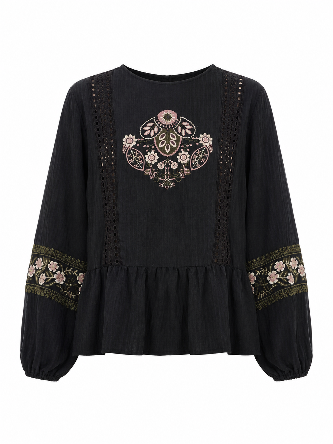 CONTRAST EMBROIDERED LINEN BLOUSE - BLACK