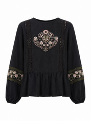 CONTRAST EMBROIDERED LINEN BLOUSE - BLACK