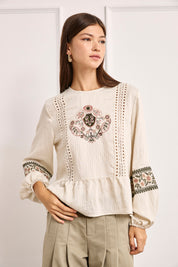 EMBROIDERED CONTRAST BLOUSE - IVORY - IVORY