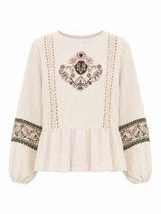 EMBROIDERED CONTRAST BLOUSE - IVORY - IVORY
