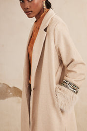 CLOTH COAT WITH FUR CUFF - IVORY
