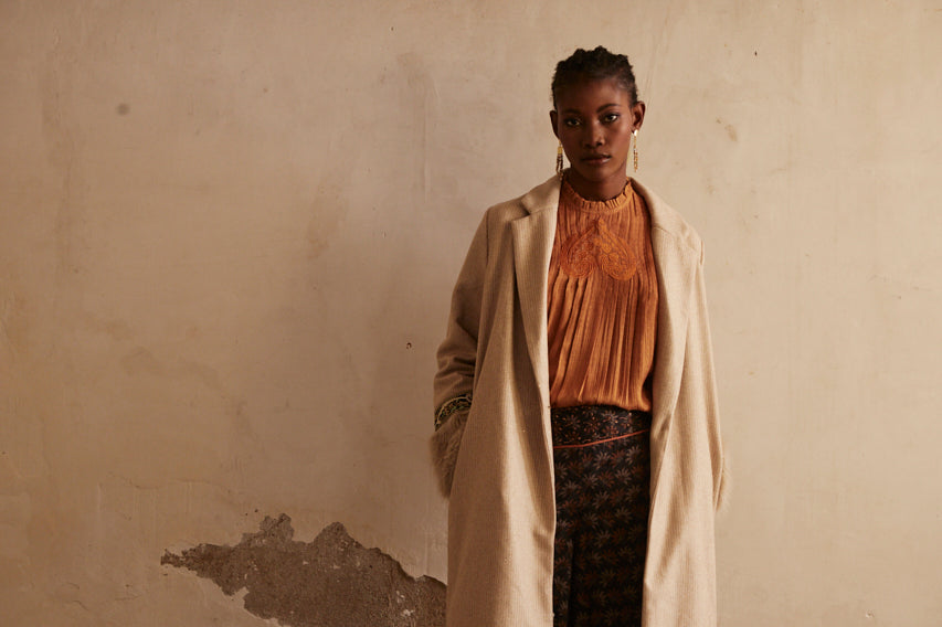 CLOTH COAT WITH FUR CUFF - IVORY