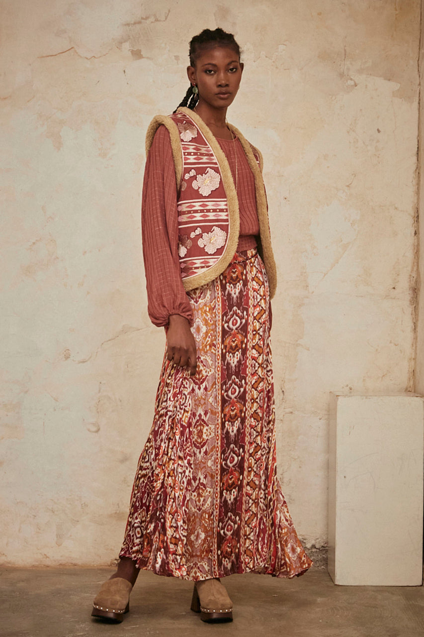 Long Printed Pleated Skirt - Magenta
