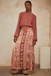 Long Printed Pleated Skirt - Magenta