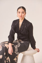 BLUSA JACQUARD CINTURA CON FRUNCIDO - BLACK