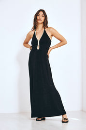 VESTIDO HALTER LARGO DE PUNTO CON TRENZA EN ESCOTE - NEGRO