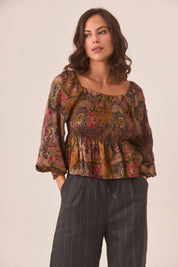 BLUSA FLORES MULTICOLOR VOLANTE - CHOCOLATE
