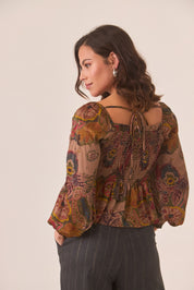 BLUSA FLORES MULTICOLOR VOLANTE - CHOCOLATE