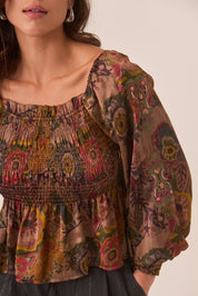 BLUSA FLORES MULTICOLOR VOLANTE - CHOCOLATE