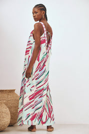 VESTIDO LARGO ESTAMPADO ESCOTE CROCHET - ROSA