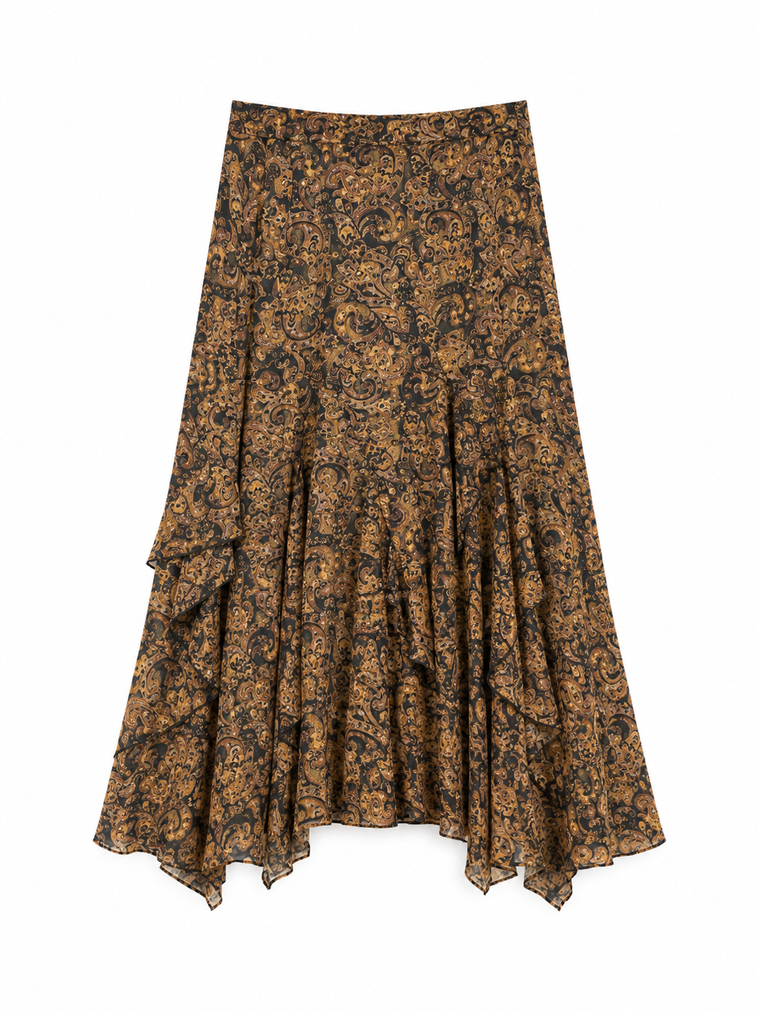 ASYMMETRIC PAISLEY SKIRT WITH RUFFLES - BRONZE