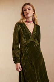 Long-sleeved long dress with matching lace - Khaki