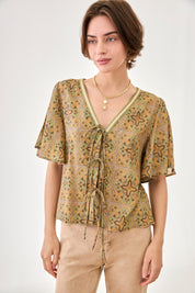 PRINTED BLOUSE WITH EMBROIDERED RIBBON AND BOWS - GREEN