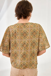 PRINTED BLOUSE WITH EMBROIDERED RIBBON AND BOWS - GREEN