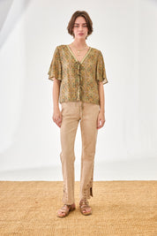 PRINTED BLOUSE WITH EMBROIDERED RIBBON AND BOWS - GREEN