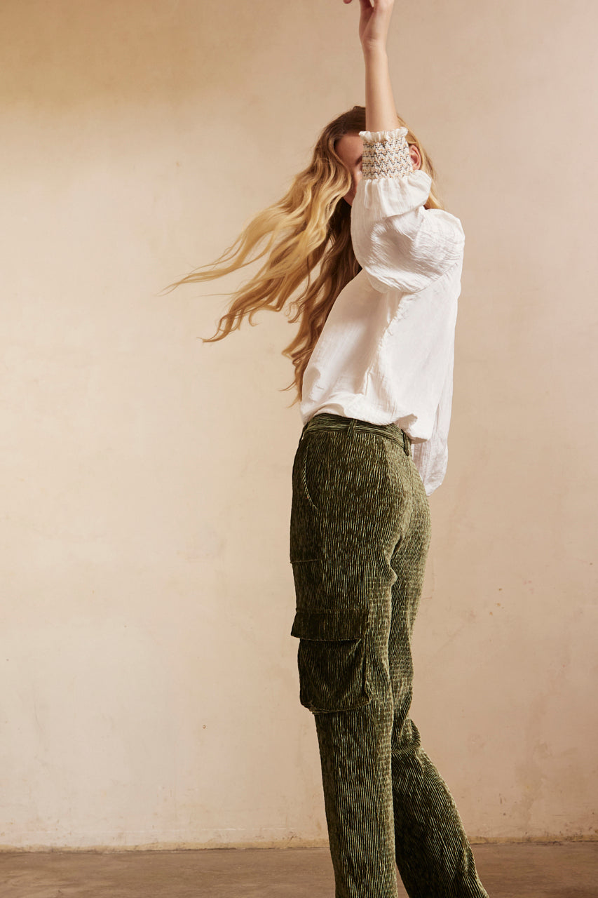 STRAIGHT FIT CARGO PANTS IN VELVET - KHAKI