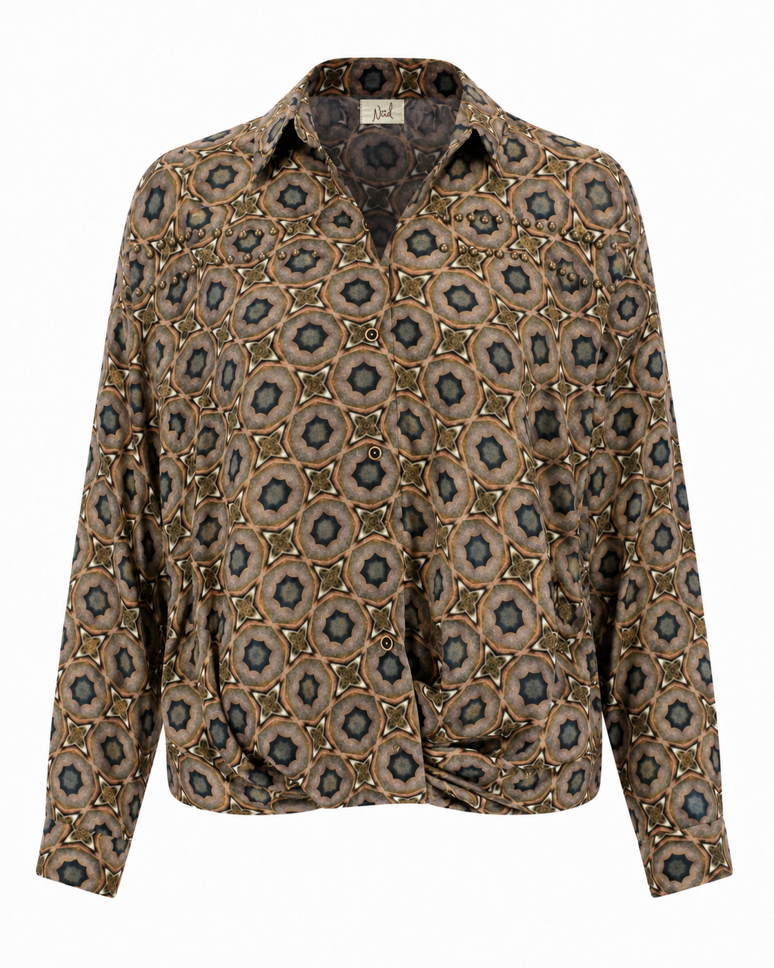 RETRO PRINT STUDDED BLOUSE - KHAKI - KHAKI