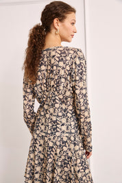 PRINTED TOP WITH RUFFLE NECKLINE - BLACK