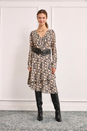 PRINTED TOP WITH RUFFLE NECKLINE - BLACK