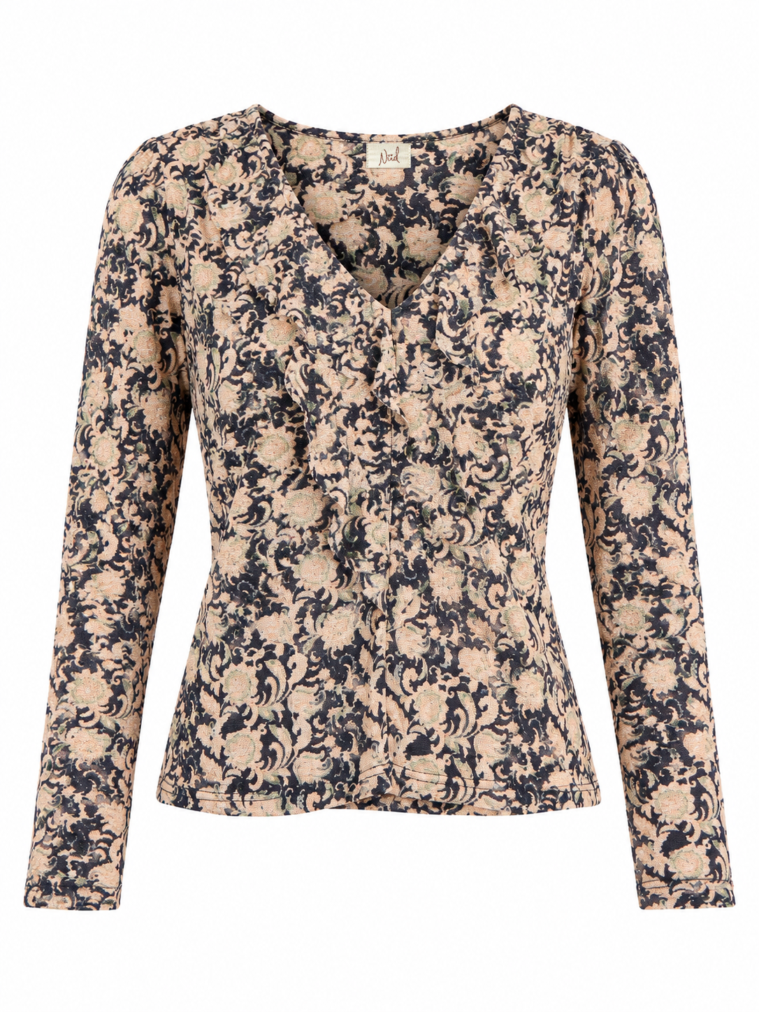 PRINTED TOP WITH RUFFLE NECKLINE - BLACK