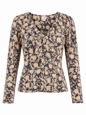 PRINTED TOP WITH RUFFLE NECKLINE - BLACK