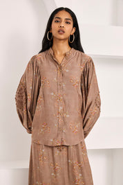 FLORAL MAO COLLAR SHIRT BLOUSE - CHOCOLATE