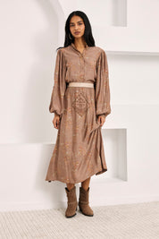 FLORAL MAO COLLAR SHIRT BLOUSE - CHOCOLATE