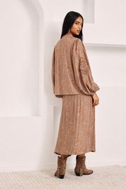 FLORAL MAO COLLAR SHIRT BLOUSE - CHOCOLATE
