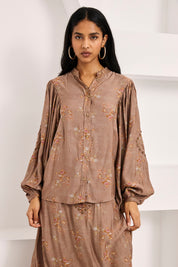 FLORAL MAO COLLAR SHIRT BLOUSE - CHOCOLATE