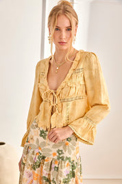 JACQUARD BLOUSE WITH RUFFLES AND LACE - YELLOW